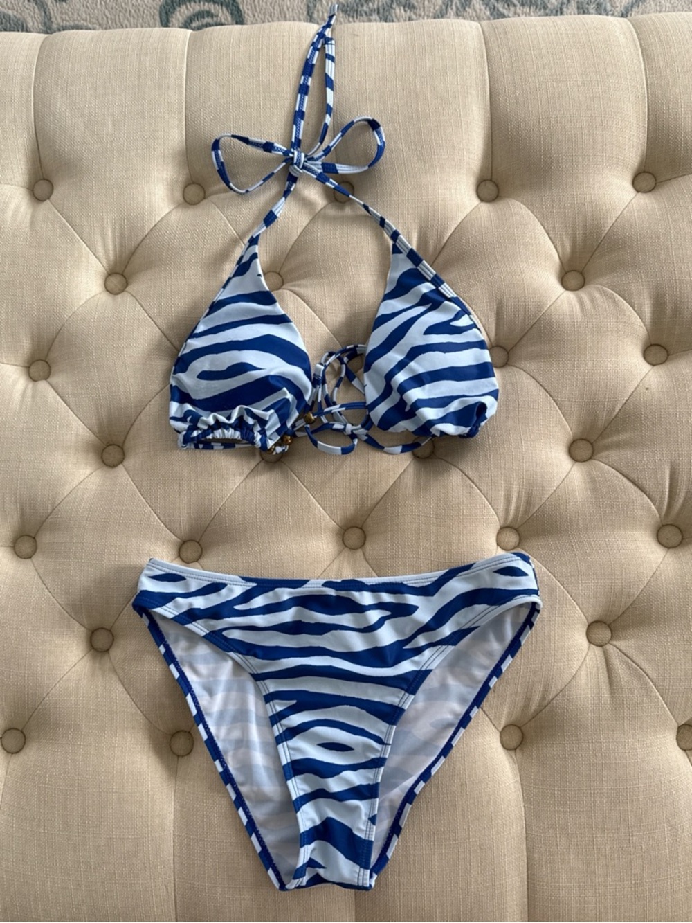 Blue & White Zebra Print Triangle Bikini
